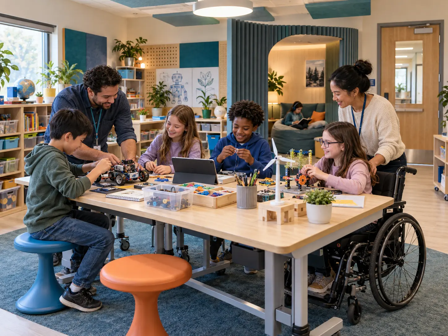 Future concept of children exploring hands-on STEAM activities in a secure, sensory-aware Discovery Club studio