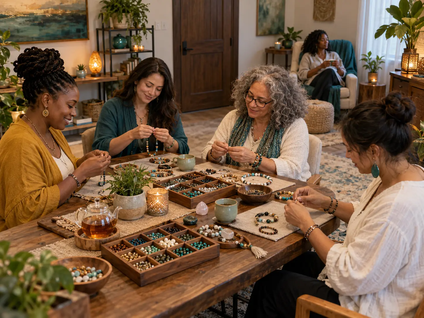 Future concept of women and caregivers creating mindful anchor bracelets in a calm, private Selah Be setting