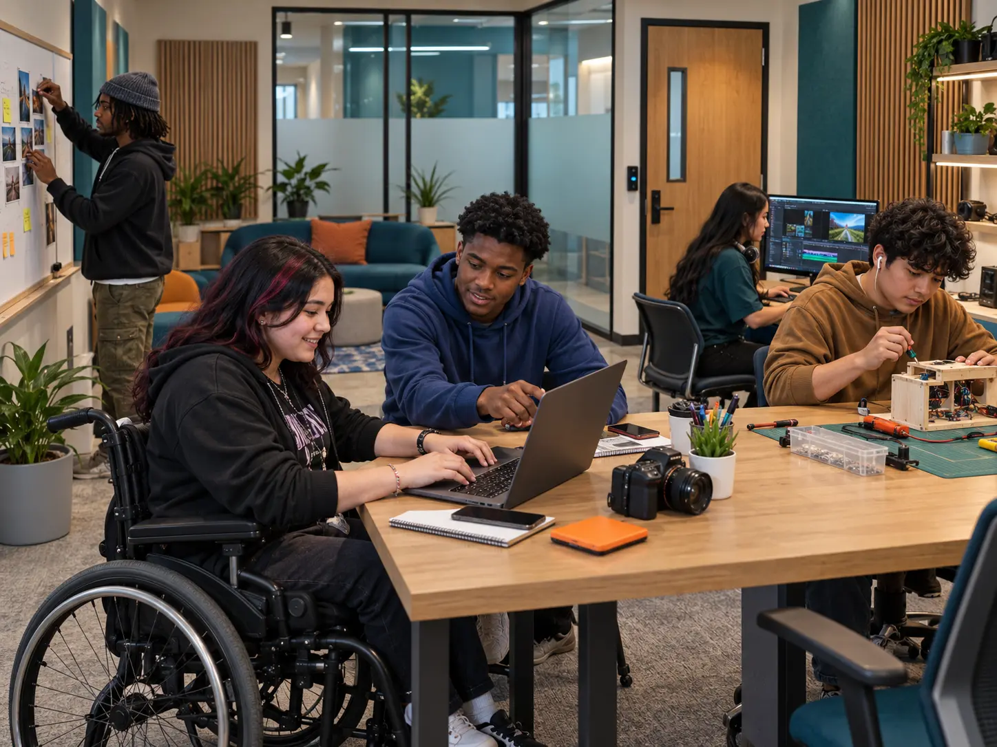 Future concept of teens and young adults building vocational, media, and life skills in a separate accessible studio