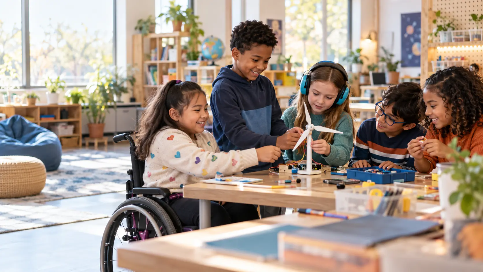 Children with different abilities collaborating on a hands-on STEAM project