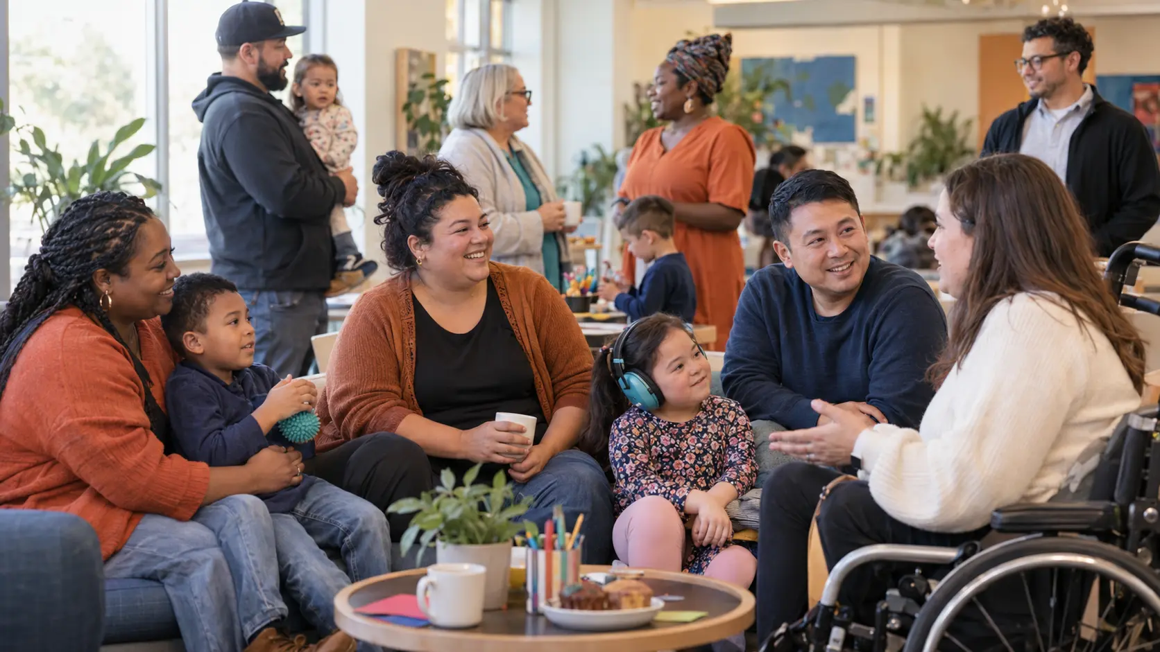 A diverse intergenerational group of caregivers and children connecting in a welcoming community space