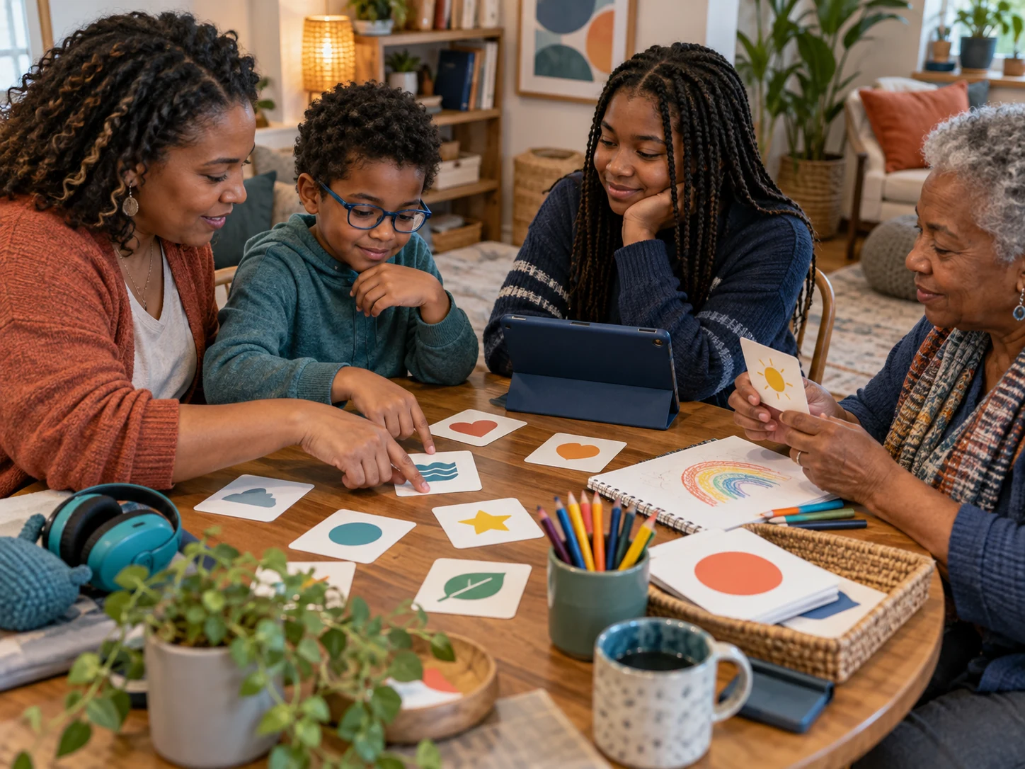 A family using symbols, drawing, and a tablet to practice different ways of communicating